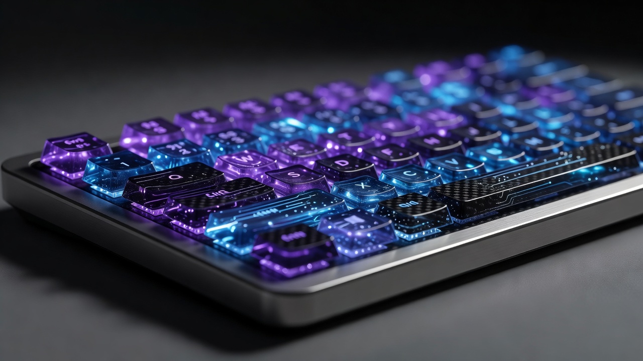 Close-up of premium glowing cybernetic keyboard interface with purple and cyan hues