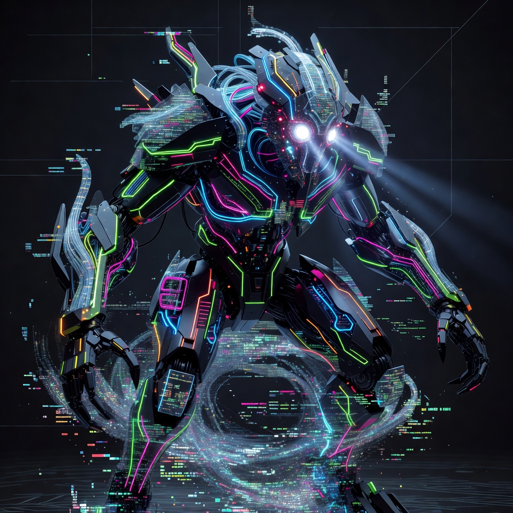 Cybernetic glowing digital monster concept with bright neon lines