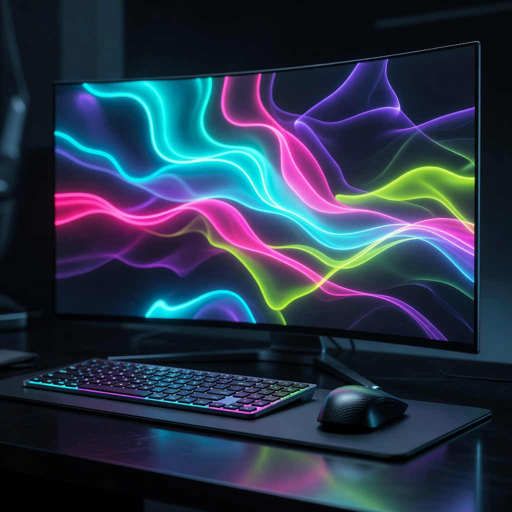 Futuristic glowing computer desktop showing vibrant neon colors and sleek controls