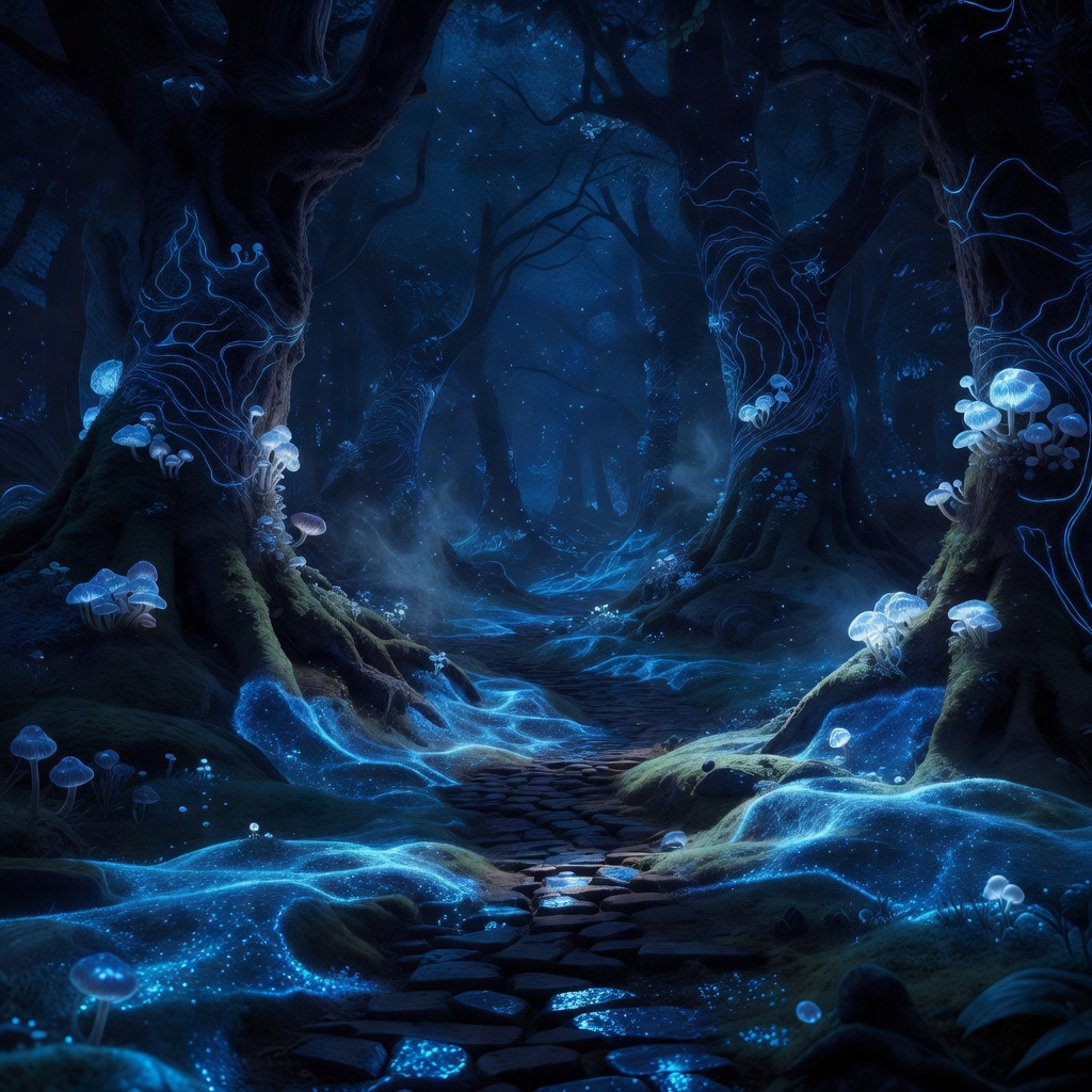 Mysterious deep glowing blue bioluminescent forest and pathway