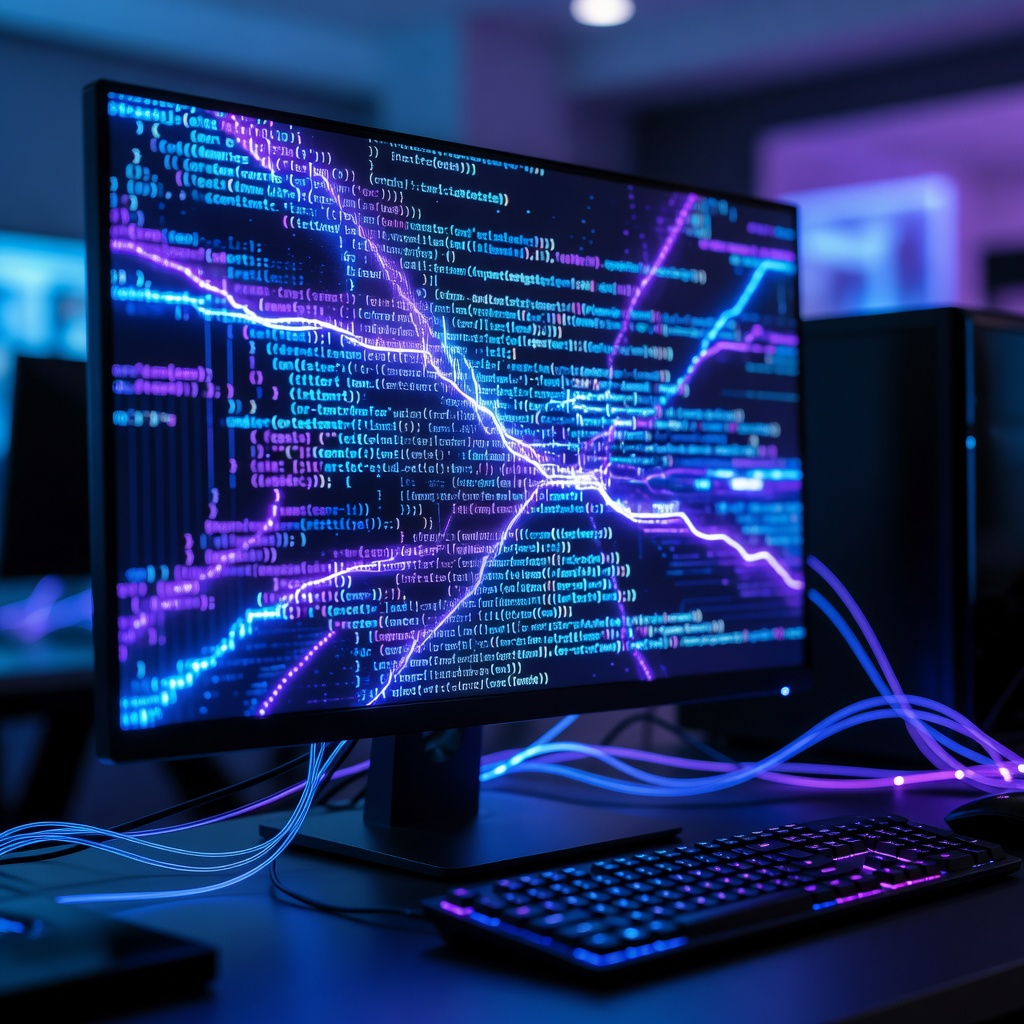 Software development monitor code with neon blue and purple glowing lights